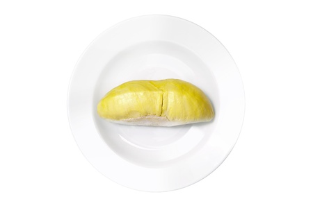 Durian  Thai Monthong Durian  in white plate, isolated with clipping pathsの写真素材