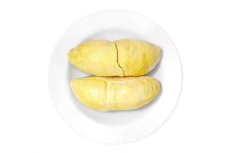 Durian  Thai Monthong Durian  in white plate, isolated with clipping pathsの写真素材