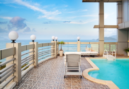 Swimming pool in front of sea, Nha Trang, Vietnamのeditorial素材