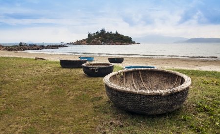 Vietnam woven bamboo basket boats on the beach  Vietnam is the easternmost country on the Indochina Peninsula in Southeast Asia の写真素材