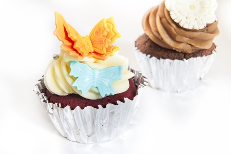 Delicious and beautiful cub cake on white background の写真素材