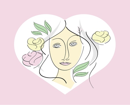 Woman with rose and leave in heart shape のイラスト素材