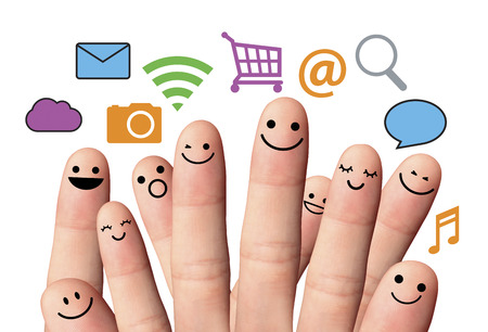 Happy finger smileys with online sign  social network  Happy group of finger smileys with sign and speech bubbles  Social network concept の写真素材