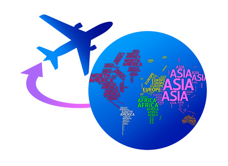 Airplane circling the globe with names of continents  isolated with clipping paths の写真素材