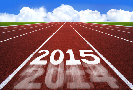 New Year 2015 on running track concept with blue sky. - New year concept,  competition concept, sport concept.の写真素材