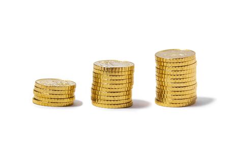 Golden Cents, Euros, stocked in 3 piles separated. Front Front perspective. from frontの写真素材