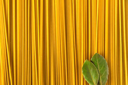 Beautiful studio shot raw pasta with laurel leaves. high end advertising photosの写真素材