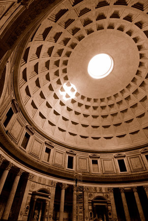 Wide angle view of the Pantheon showing vaulted ceiling and oculus.の写真素材