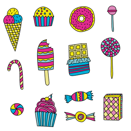 Set of candies, cakes, sweets, ice cream and desserts in doodle style. Hand drawn vector illustrationsのイラスト素材