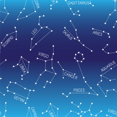 Zodiac pattern. Constellations doodles background. Zodiac signs.のイラスト素材