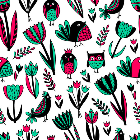 Vector seamless cute pattern with tulips and birdsのイラスト素材