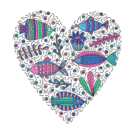 Doodle vector illustration with cute fishes and seaweeds. Background with lots of objects in heart shapeのイラスト素材