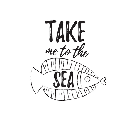Take me to the sea. Lettering poster with doodle fishのイラスト素材