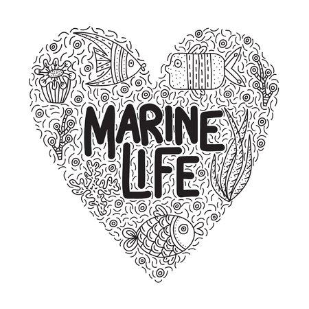 Marine life. Lettering quote with cute fishes and seaweeds. Background with lots of objects in heart shapeのイラスト素材