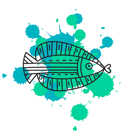 Doodle fish on color splash isolated on whiteのイラスト素材