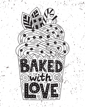 Backed with love. Lettering inside of a doodle cupcake. Vector illustrationのイラスト素材