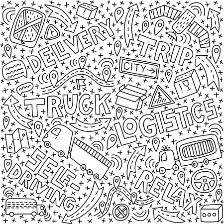 Self-driving truck doodle illustration with letteringのイラスト素材