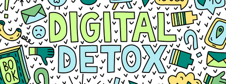 Digital detox. Concept banner illustration with lettering and doodlesのイラスト素材