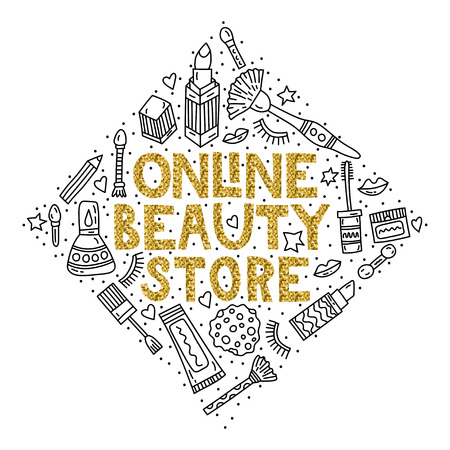 Online beauty store. Concept doodle illustration with letteringのイラスト素材