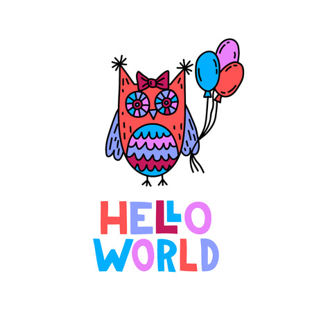 Hello world! Cute doodle illustration with letteringのイラスト素材