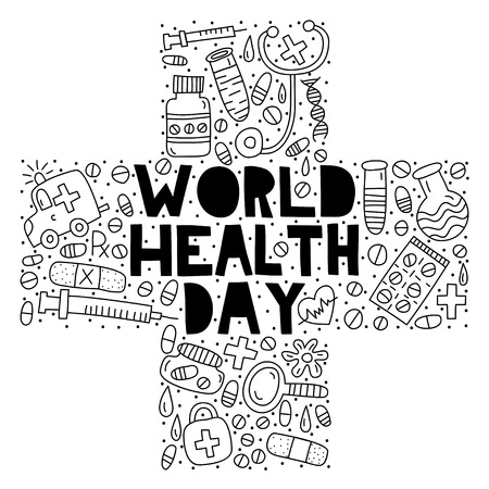 World Health Day. Lettering with doodles in a cross medicine shapeのイラスト素材