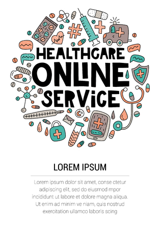 Healthcare Online Service. Lettering with doodles in circle shape. Place for your textのイラスト素材