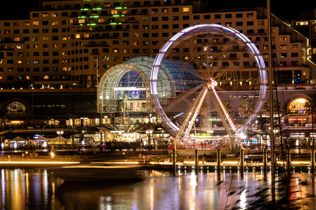 Sydney, NSW/Australia 081818: Cityscape at night from darling harbour with long exposureのeditorial素材