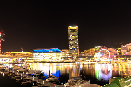Sydney, NSW/Australia 081818: Cityscape at night from darling harbour with long exposureのeditorial素材