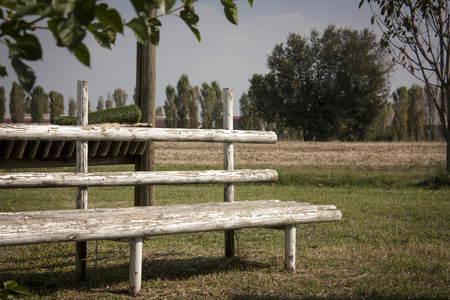 A wooden bench built by hand, immaersa in the tranquility of a typical rural landscape of northern Italy.の写真素材