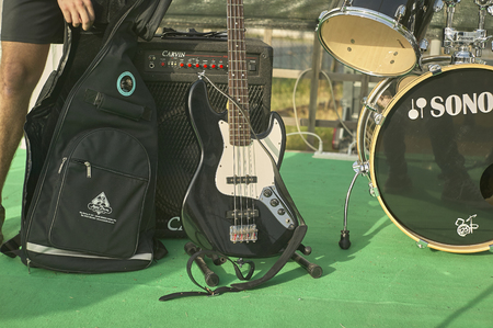 Detail of an acoustic bass in a still life shooting at a rock band concert.のeditorial素材