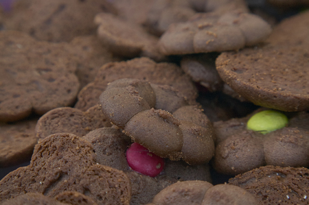 Macro detail of a multitude of chocolate biscuits with blurry background.の写真素材