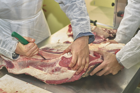 butcher in his butcher's shop to eliminate the excess fat from a large meat cut by a special knife. Hands and stools dirty with blood.の写真素材