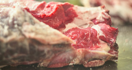 Detail of the fibers of a cut of veal with macro shot made in a butcher shop. Red meat from organic...