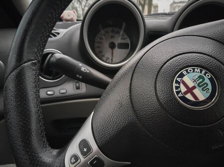 Steering wheel and dashboard of a car ready for travel.のeditorial素材