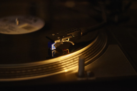 Detail of the needlework of a vintage record playerの写真素材
