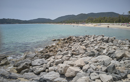 Panorama of cala sinzias beach in sardinia (italy) taken during a summer day without many tourists.の写真素材