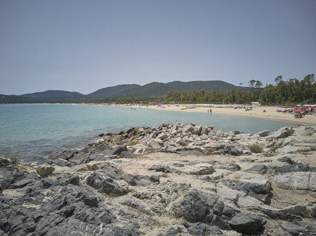 View of Cala Sinzias beach in southern Sardinia in Italy during a summer day.の写真素材