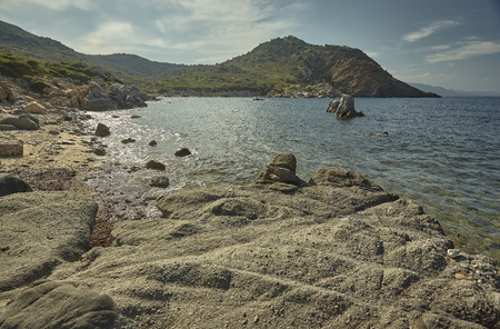 Panorama of Cala Sa Figu beach in Sardinia: a corner of pristine and totally natural paradiseの写真素材