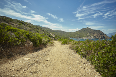 Small dirt path that runs along the coast of an area of southern Sardinia with a precipice on the side of the sea.の写真素材