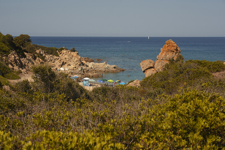 Umbrellas in a small beach filtered by vegetation typical of the Mediterranean coast.の写真素材