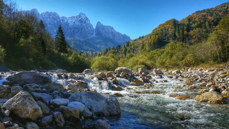 Magnificent mountain landscape with a stream flowing under a snow-capped peak surrounded by green pines.の写真素材