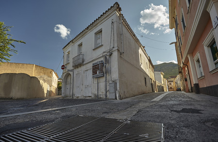 Small typical Sardinian house in an alley of the village of Muravera in the southern coast of Sardinia. An example of typical architecture of this place.の写真素材