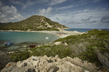 Top view of Punta Molentis beach in southern Sardinia: a natural paradise ideal for spending summer holidays in total relaxation and in harmony with nature.の写真素材