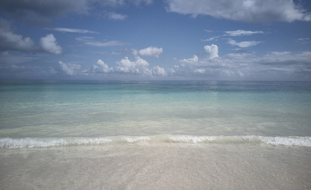 Transparent Mexican Caribbean sea taken up to the horizon on a sunny and serene day.の写真素材