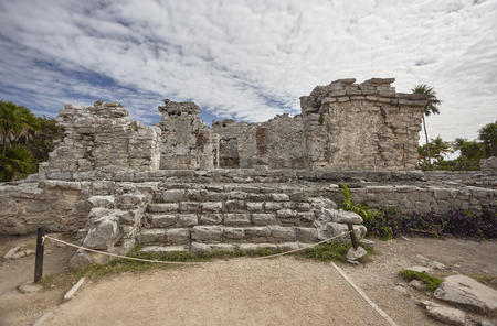 Front view of a mayan temple in tulum ruinas.の写真素材