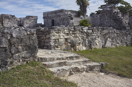 Detail of the stairs of a Mayan temple of the tulum complex in mexico.の写真素材
