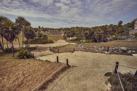 View of the park of the archaeological site of the Mayan ruins at Tulum in Mexico.の写真素材