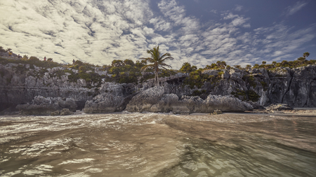 View of the beautiful beach of Tulum ruins in Mexico.の写真素材