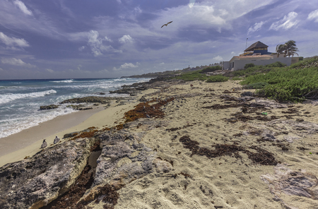 Seascape of rocky coastline with cliff overlooking the sea at Isla Mujeres in Mexicoの写真素材