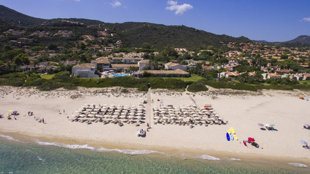 Aerial view of the Beach of Costa Rei in southern Sardinia.の写真素材